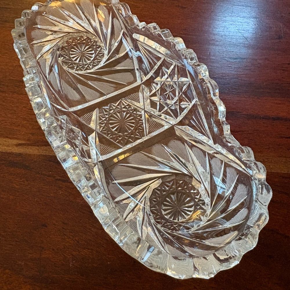 Antique  American BRILLIANT CUT GLASS OBLONG SAWTOOTH BOWL Relish Dish/Farmhouse